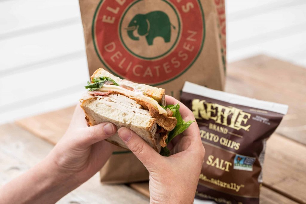Elephants Delicatessen Catering Portland Oregon Elephants Delicatessen Sack Lunch With Sandwich Bag And Kettle Chips